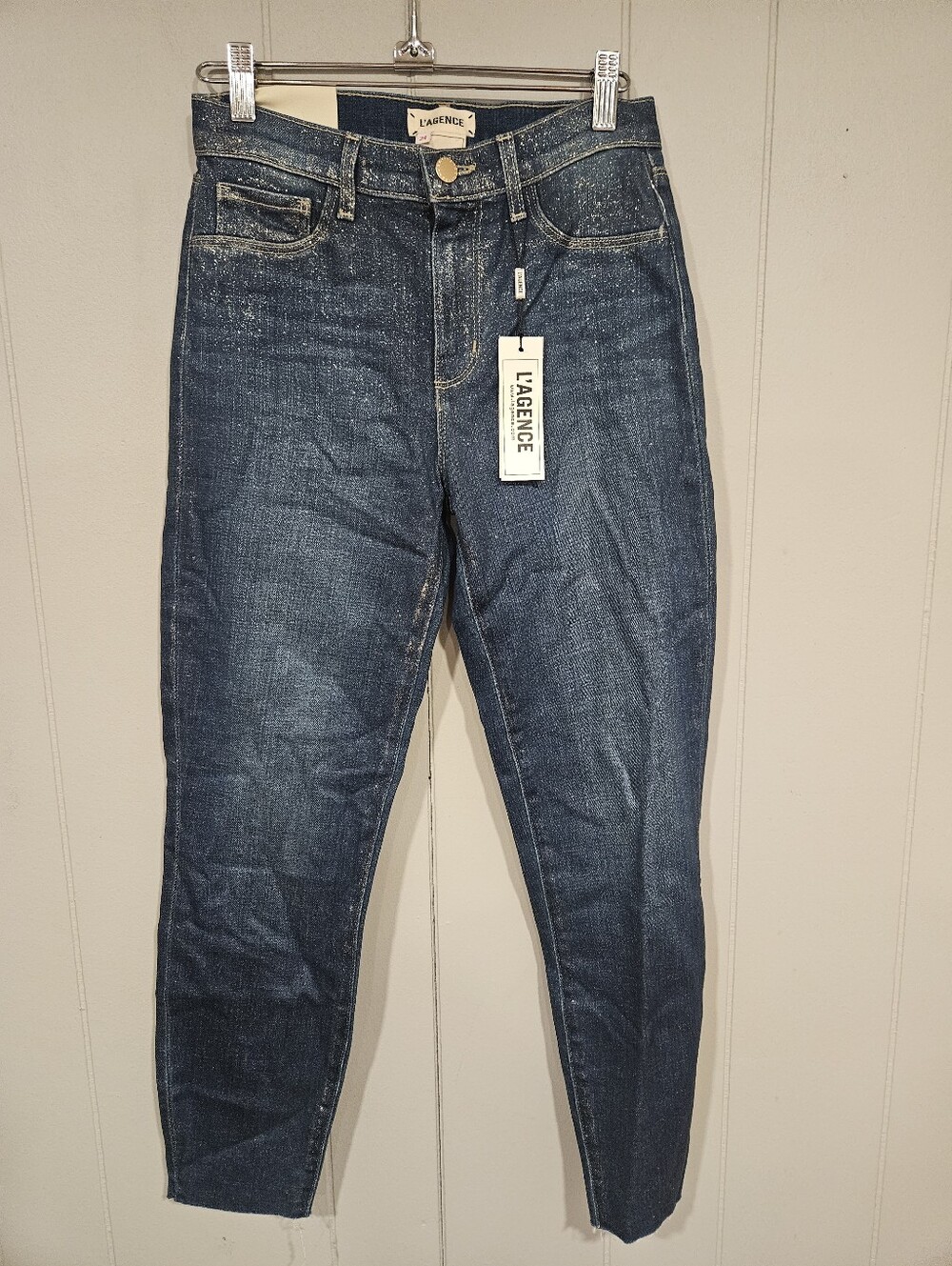 L'AGENCE El Matador French Slim Fit Fremont Gold Glitter Coated Jeans Sz 24 NWT